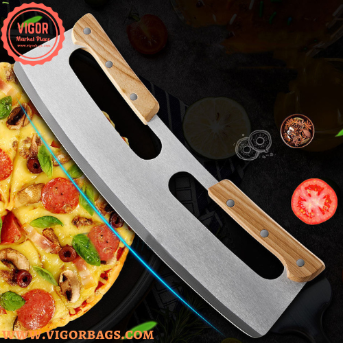 Pizza Cutter Rocker with Wooden Handles & Japanese Whetstone Knife Combo Pack - MOQ 10 PCS