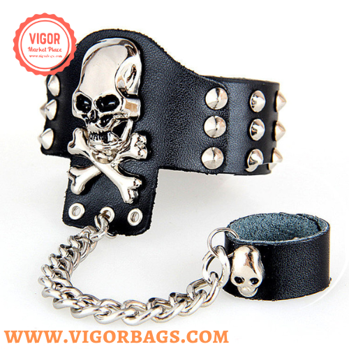 Rock ring conjoined ghost head leather bracelet Dance show accessories - MOQ 10 Pcs