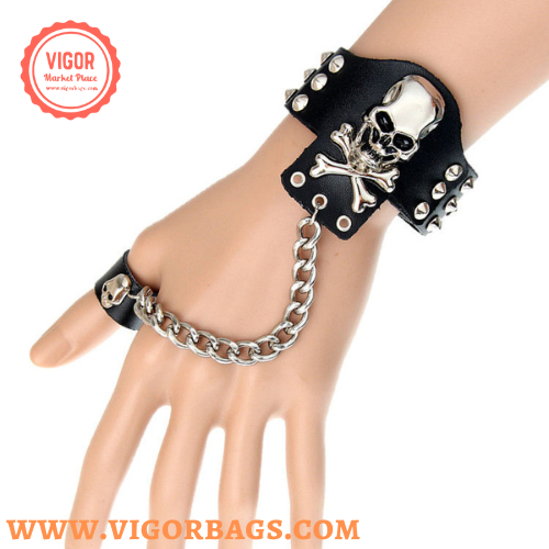 Rock ring conjoined ghost head leather bracelet Dance show accessories