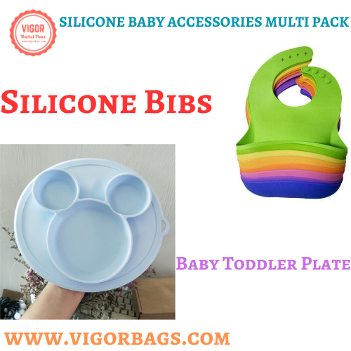 Silicone Waterproof Soft Durable Adjustable Bibs & Silicone Baby Toddler Plate Combo Pack - MOQ 10 Pcs