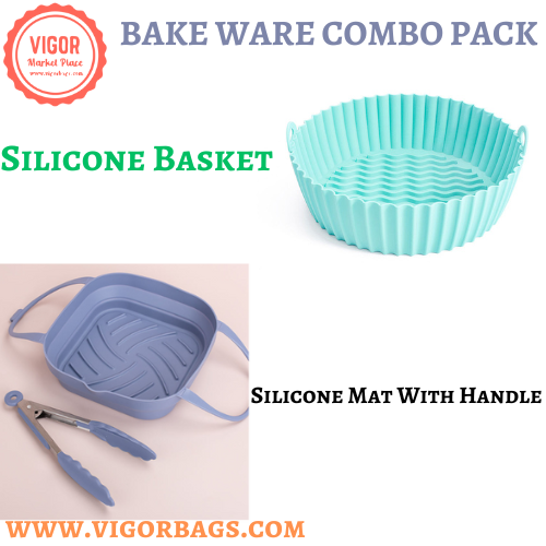 Silicone Non Stick Round Basket with Handles & 8 inch Basket Silicone Mat With Handle Combo Pack