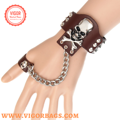 Rock ring conjoined ghost head leather bracelet Dance show accessories - MOQ 10 Pcs