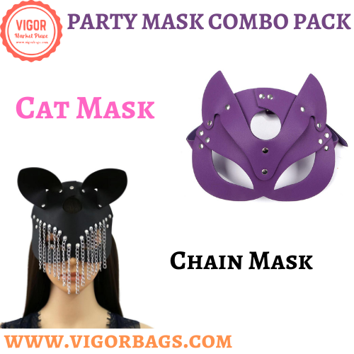 Upscale Cat Mask Costume Bunny Fox & Chain Leather Mask Party Masquerade Costume Combo Pack