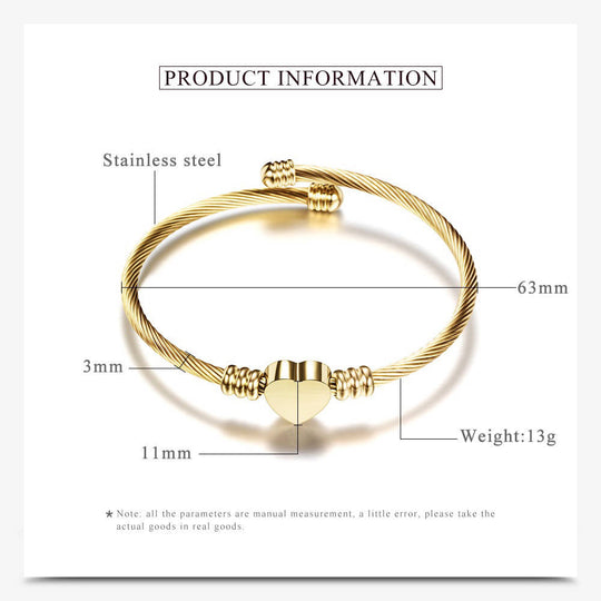 Stainless Steel Cable Wire Heart Charm Gold Plated Bangle Bracelet for women & men